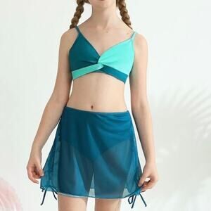 Girls Swimsuit Teal/Blue Twist Bikini Skirt Set 3pc Size 9-10Y NWT